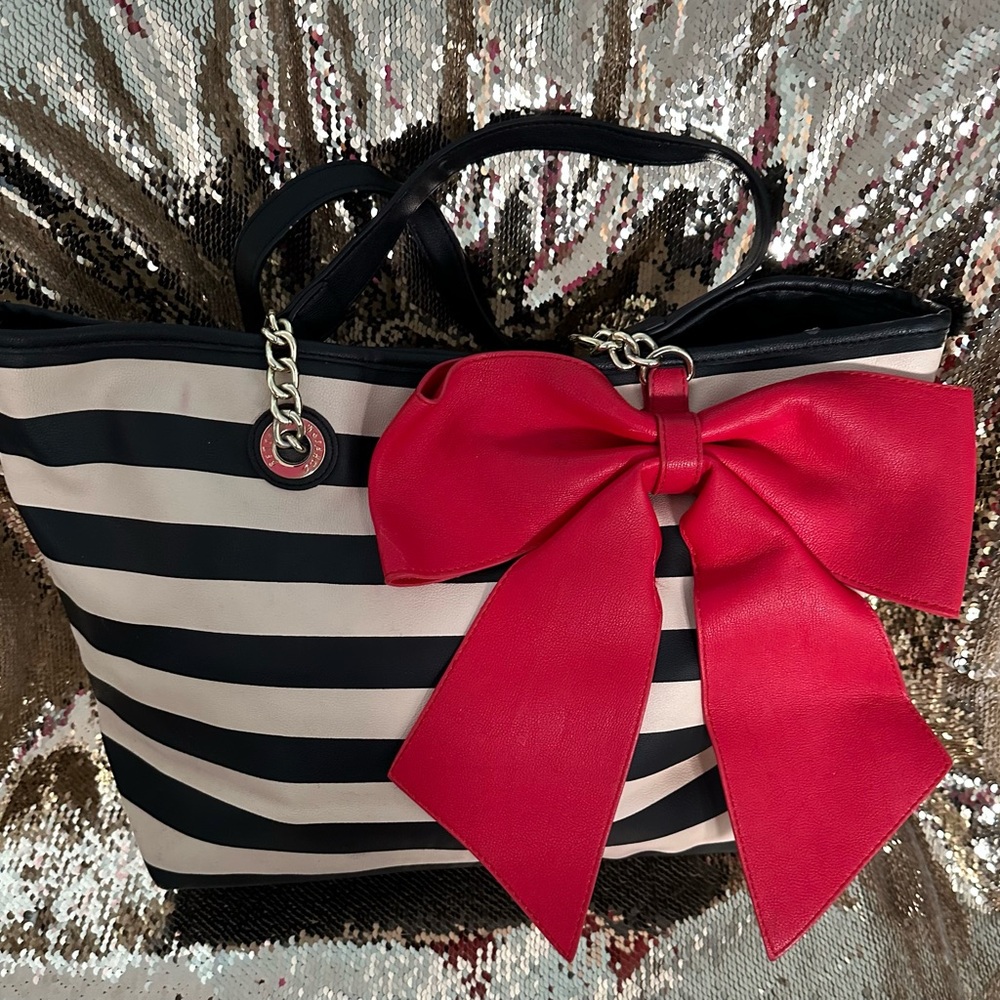 Betsey Johnson Black and Cream Striped Satchel with Red Bow